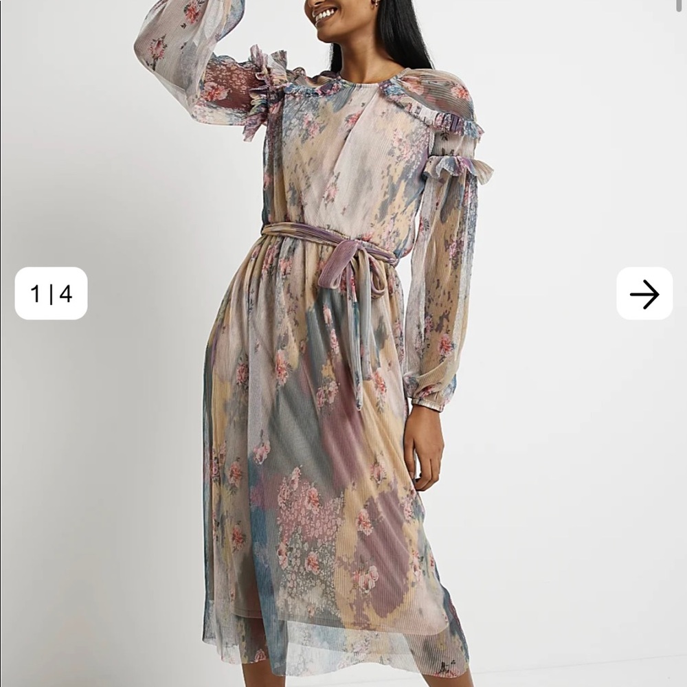 PINK FLORAL FRILL MIDI DRESS